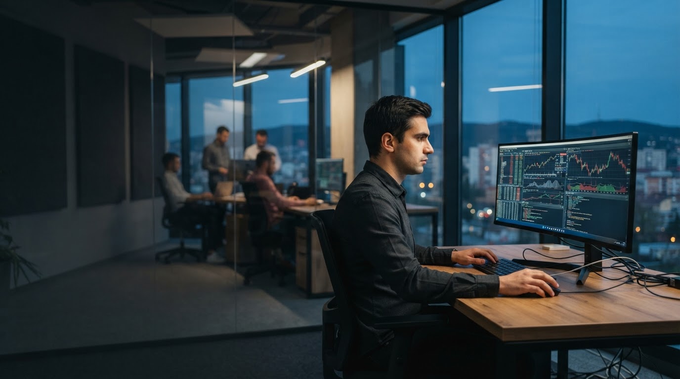 Axiom Algo Systems — investitor analizând date financiare în timp real, în timp ce lucrează de la distanță